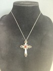 SIGN STERLING SILVER, MOTHER OF PEARL MARCASITE & RUBY CROSS PENDANT NECKLACE NR