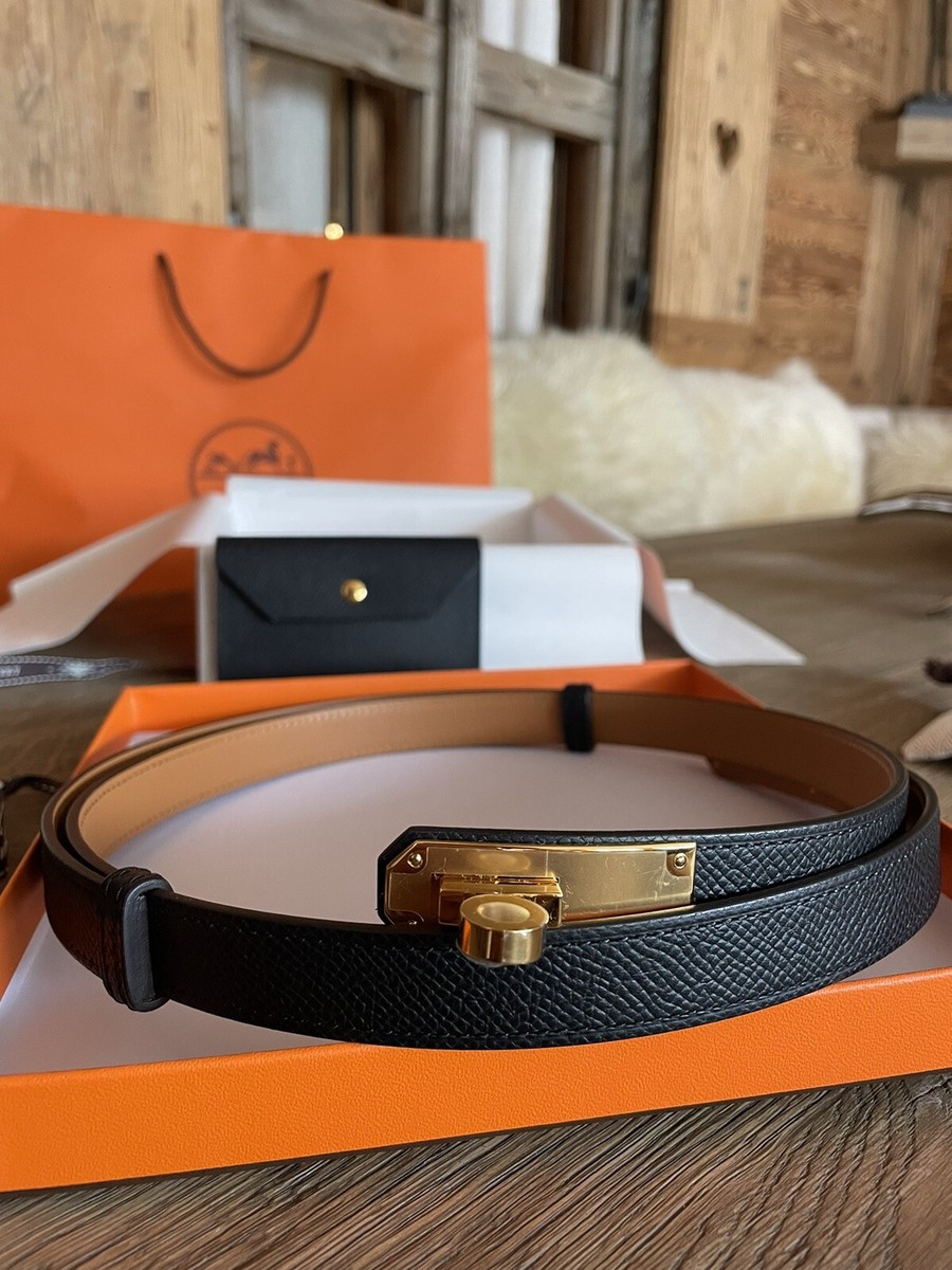 Authentic New Hermes Kelly Pocket Belt 18 Noir With Gold