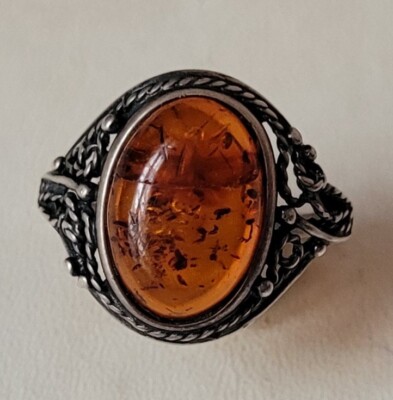 Bague Vintage Ambre Argent 925 Taille 57 - Bijou Poinçonné, Occasion, Sertie