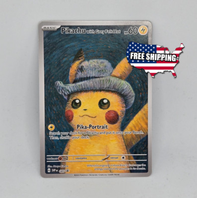 Pikachu Van Gogh Pika Portrait Gray Felt Hat Custom Art Paper Card