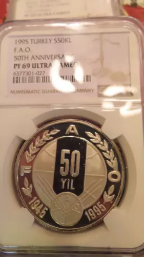 1995 Turkey 50th Anniversary Silver 50,000 Lira F.A.O NGC PF PR 69 ULTRA CAMEO