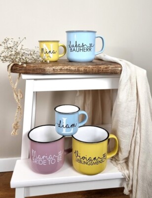 Personalisierte Tasse Emaille Optik mit Namen & Buchstabe   Geschenkidee