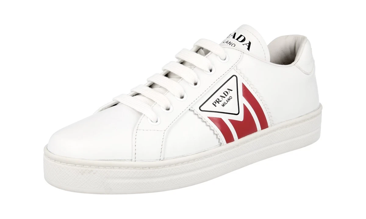 PRADA Leder Downtown Sneaker Schuhe 1E125M Weiss Rote Streifen NEU - 37