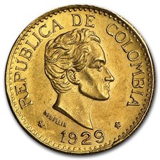 1929 Colombia Gold 5 Pesos Coin BU