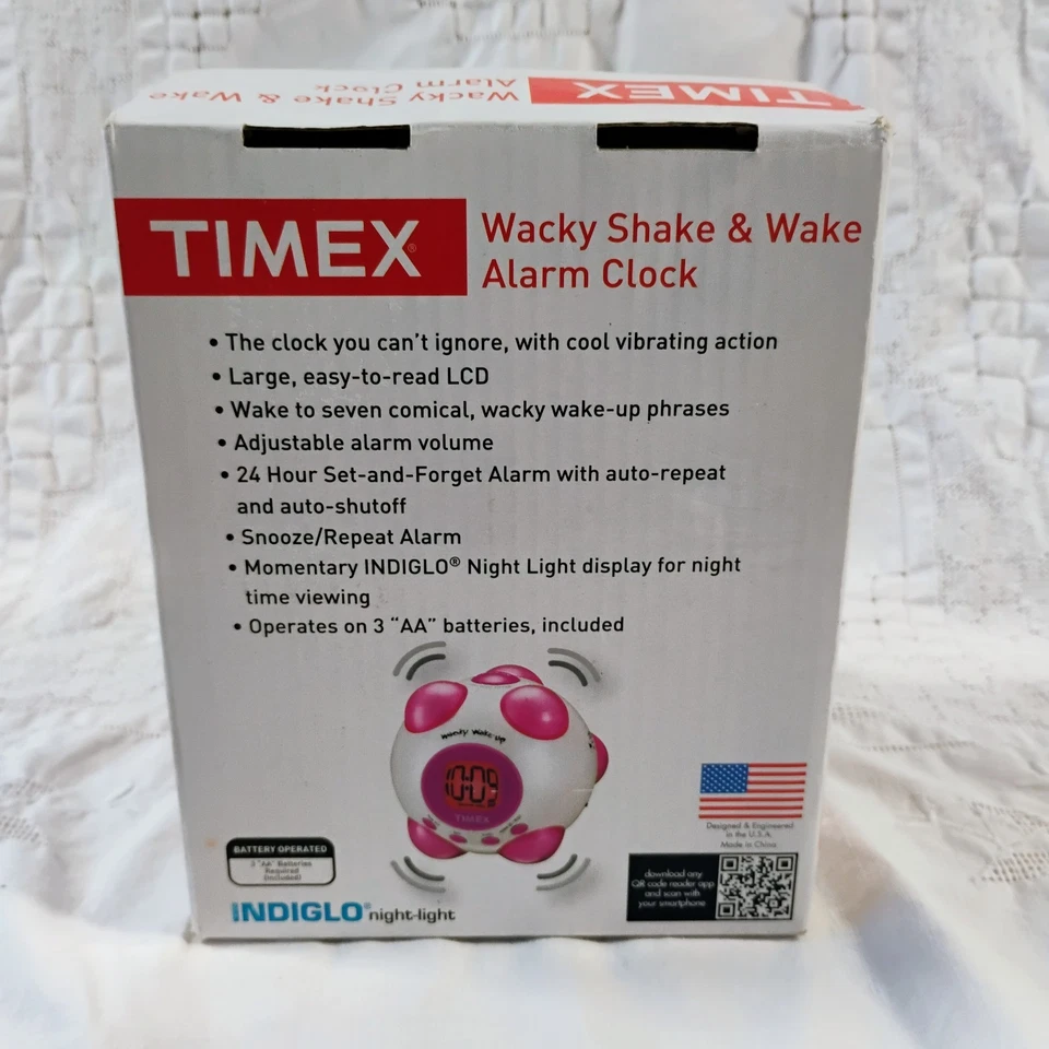 Timex T156B Wacky Wake-Up Shake N Wake rosa y blanco vibrante alarma parlante rara Foto 3 de 4