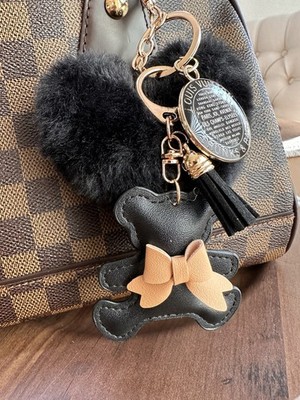  Purse charm, Bear Bow Tassel Pom with Charm Black Gold Tan Women's Accessory