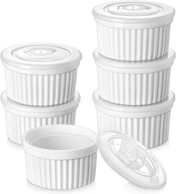 8 oz Ramekins W/ Lid Porcelain Creme Brulee Souffle Dishes White Pudding Custard