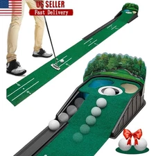 Indoor Golf Putting Green Mat W/ Alignment Guides & Ball Return System Green New