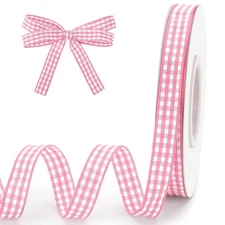 Pink Gingham Ribbon 3/8 Inch 25 Yards Pink and White Checkered Ribbon for Gif...