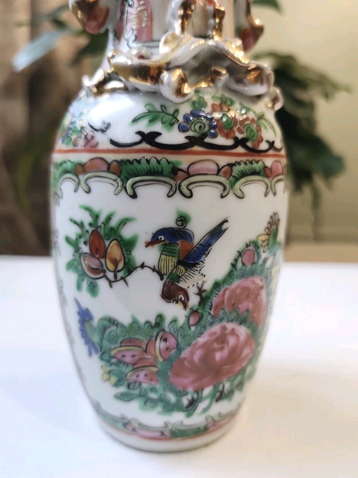 Antique Chinese Famille Rose Vase w/ Gilt Dragons 7.75" Hand Painted