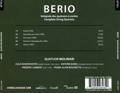 QUATUOR MOLINARI BERIO: INTÉGRALE DES QUATUORS NEW CD