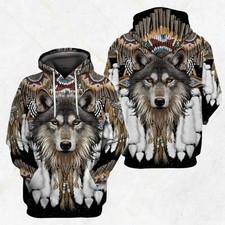 3D Wolf Dreamcatcher Hoodie   Tribal Feathers Native-Style Pullover