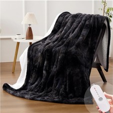 Thick Faux Fur Heated Blanket Twin - Soft Flannel Electric Blanket with 5 Hea...