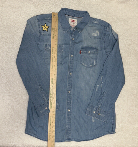 Levi's da uomo denim perla a scatto effetto invecchiato manica lunga XL viso sorridente ricamato - Foto 8 di 19