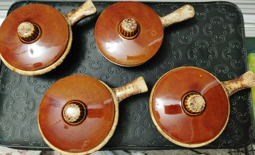 Hull McCoy Pottery Brown Drip Individual Casseroles Soup Chili Bowls Lids 8 pc