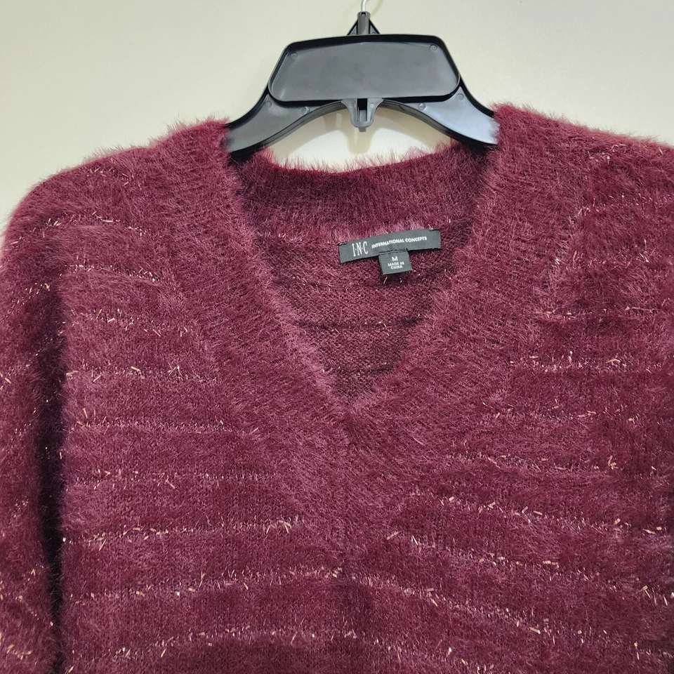 INC International Concepts size Medium Fuzzy Metallic V Neck Pullover Sweater - Image 4 of 4