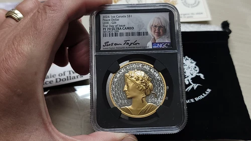 2024 Canada Peace Dollar UHR Gilt FDOI $1 - NGC PF 70 UCAM, Signed Susan Taylor