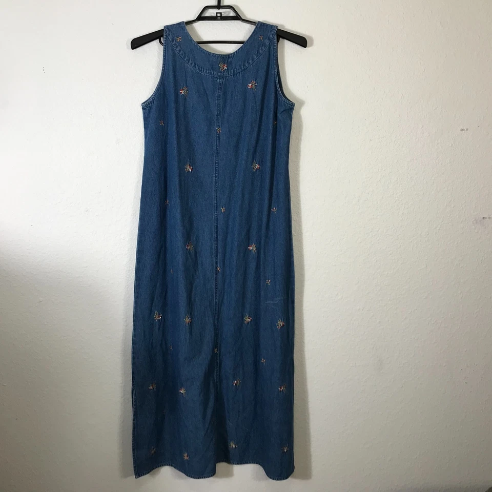 Demin & Co. Dress Jumper Size L Midi Blue Floral Embroidered Sleeveless Y2K - Image 4 of 4