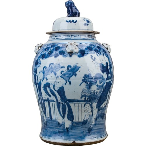 Chinese oriental porcelain blue & white W/ PEOPLE GINGER JAR FOO DOG FINIAL 24” - Picture 3 of 4
