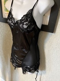SISSY VTG Black Satin Look w/ Lace One Piece Garter Strap Lingerie  x7