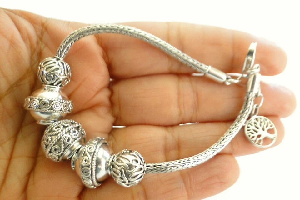 Ornate Balinese No Stone Tree of Life 925 Sterling Silver Beads Chain Bracelet - Image 2 of 4