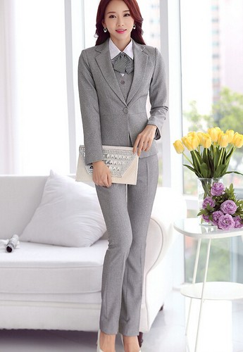 Elegante Tailleur completo donna grigio perla giacca manica lunga pantaloni  7112 | eBay
