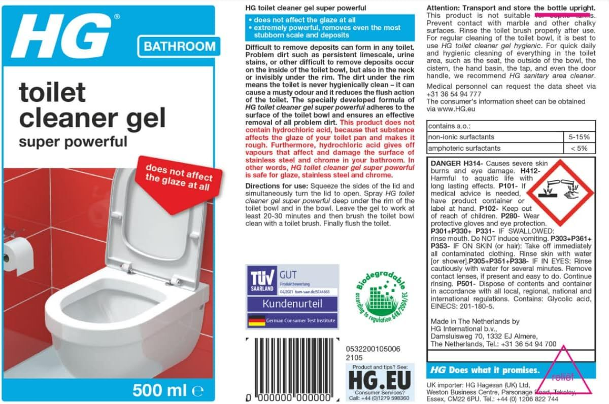 HG Toilet Cleaner Gel Super Powerful, Effective Bathroom/Wc Descaler