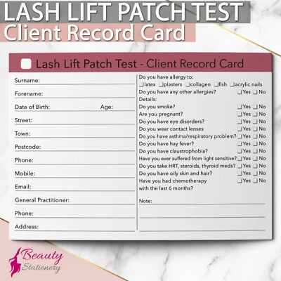 BEAUTY STATIONERY Lash Lift Patch Test Client Record Card Treatment Consultation Beauty Salons A6