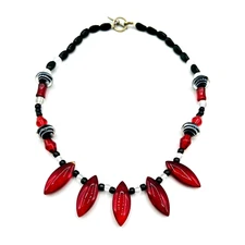 Ruby Red Black Art Glass Beaded Choker Necklace Art Deco Goth 15 inch