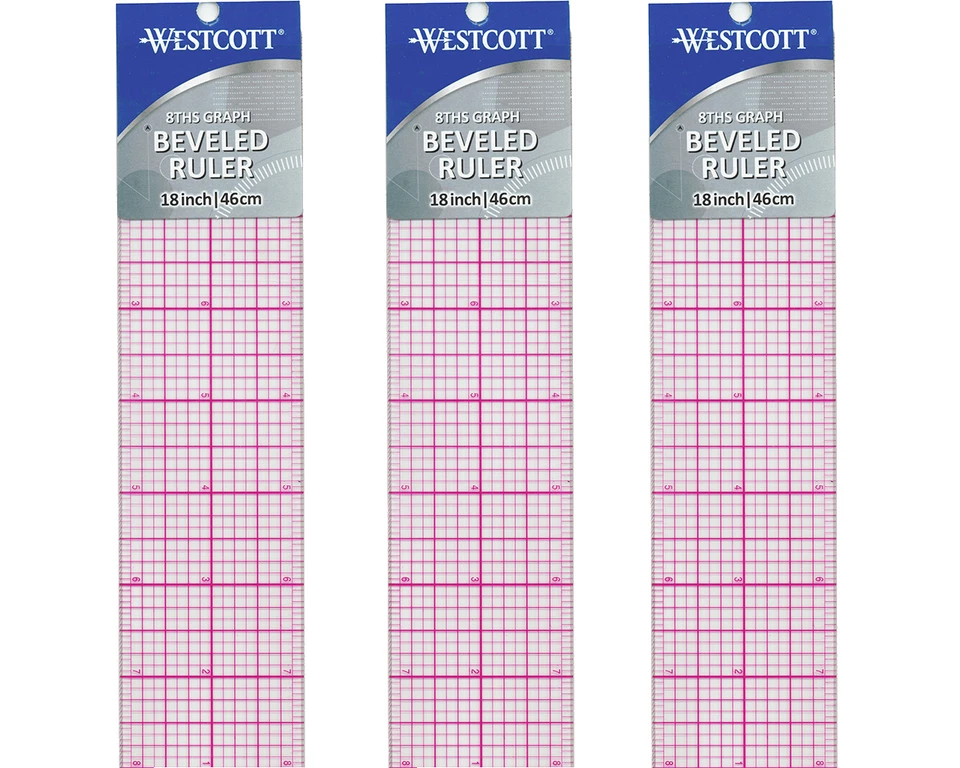 *3* Westcott B-85 18" X 2" 8ths Graph Beveled Plastic Clear Transparent Rulers