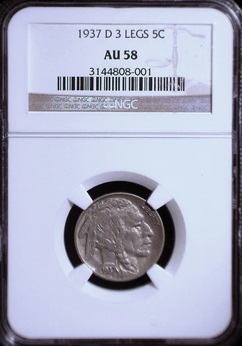 1937-D 3 Legs Buffalo Nickel, NGC 58