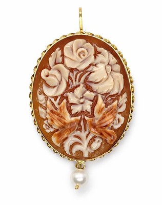 Kamee Karneol 14kt Gold Perle 40x30mm Brosche Anhänger Torre del Greco