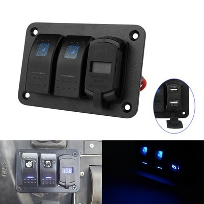 Blau LED Schaltpanel Für Auto Doppelte USB Schalter 2 Gang Schalttafel Voltmeter