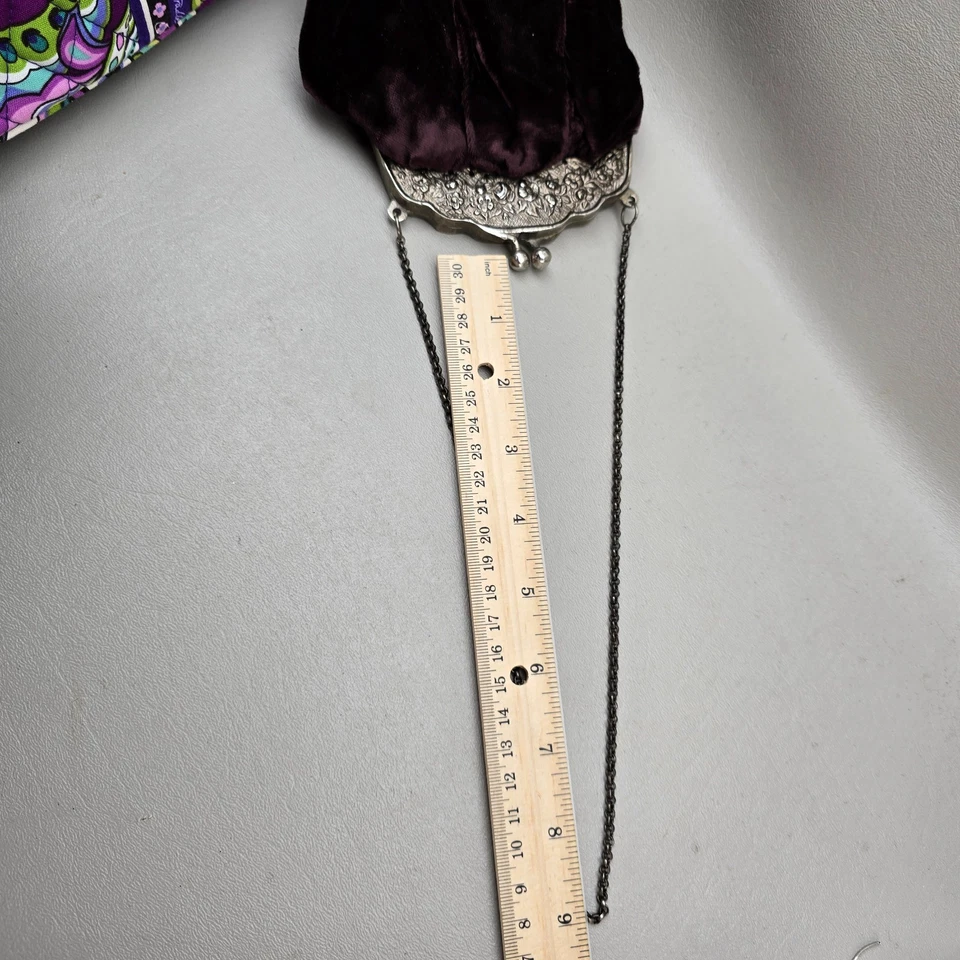 Vintage Velvet Evening Purse w/ Floral Metal Frame & Chain – Deep Plum – 9" Drop - Image 4 of 4