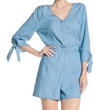 SUSINA Chambray Print Shorts Romper 3/4 Sleeve V-neck Size Medium New
