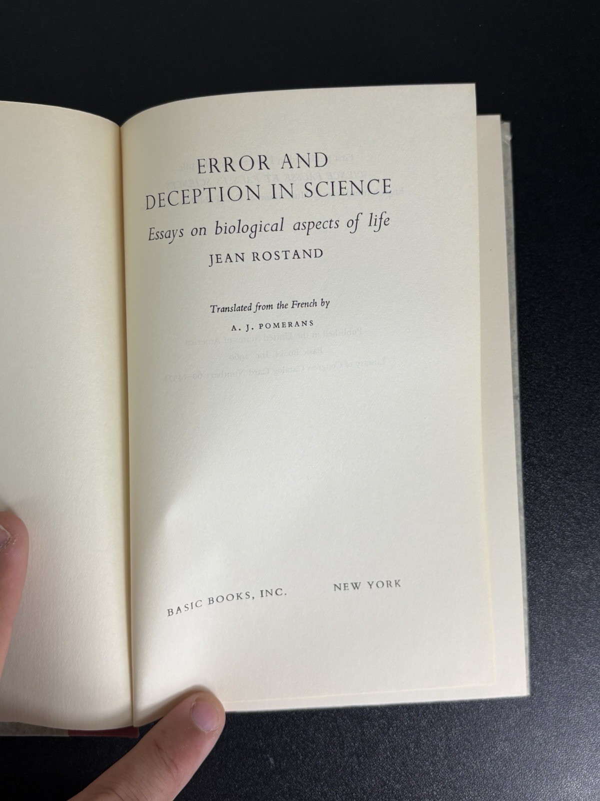 Rostand, Jean ERROR AND DECEPTION IN SCIENCE  1st Edition - Kreskin collection