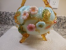 STEVENS & WILLIAMS FOOTED GLASS BASKET W/ APPLIED FLOWERS AND LEAVES