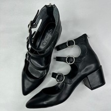 Charles David Black Leather Multi Strap Buckle Block Heel Mary Jane Pump 7.5