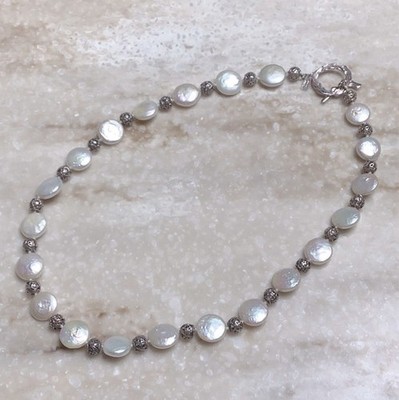 925 Silver & Coin Pearl Necklace Toggle Clasp 18 Inches NWOT