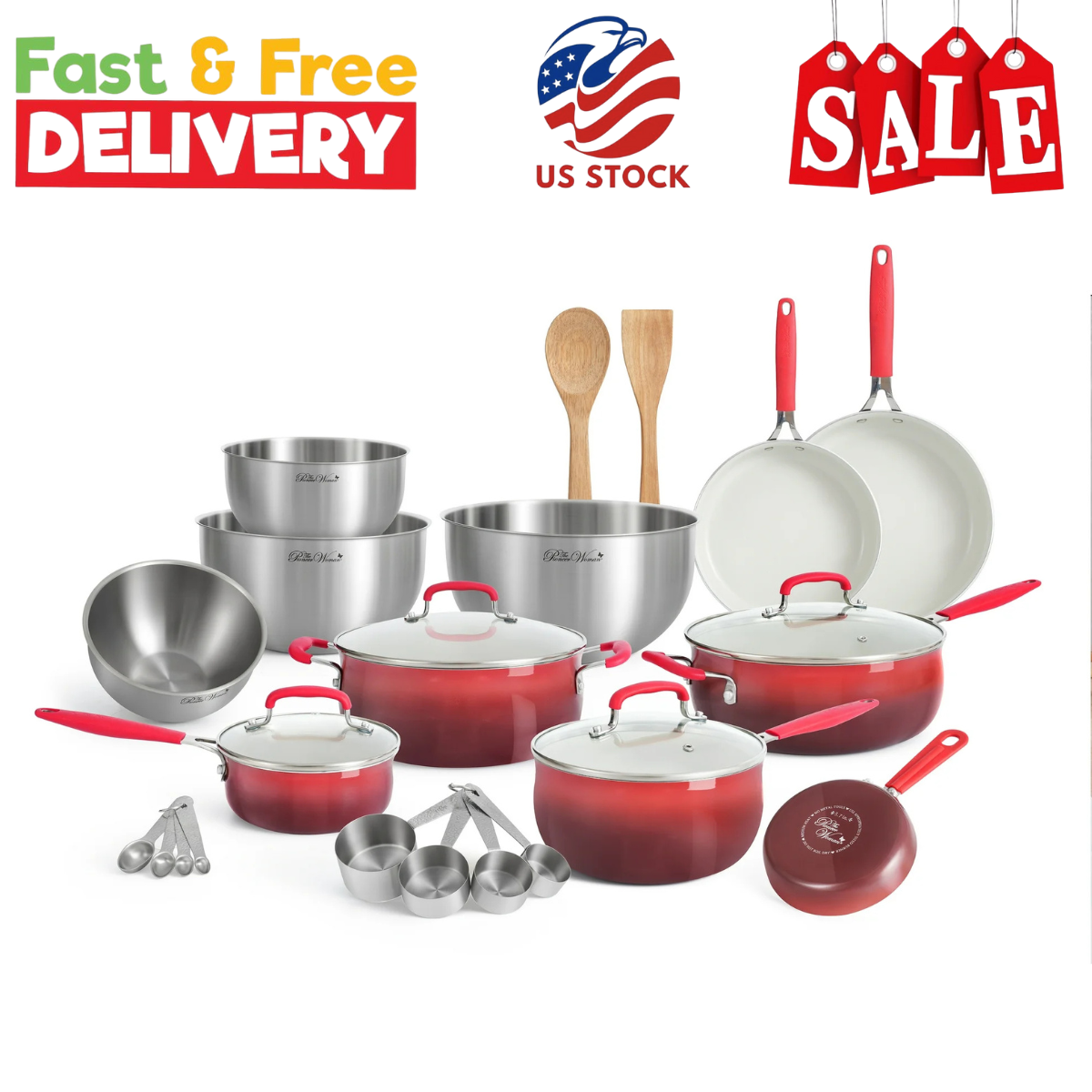 The Pioneer Woman 25-Pc Ceramic Nonstick Aluminum Cookware Set in Ombre Red