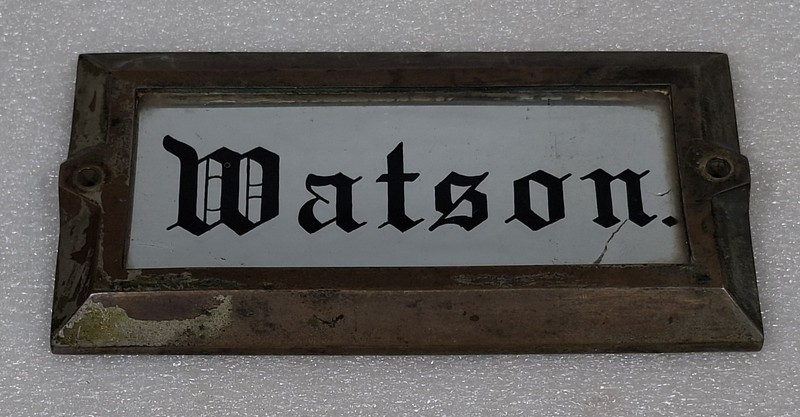 Antique Brass & Glass Name Plate Door or House Sign Watson Gothic Script Early
