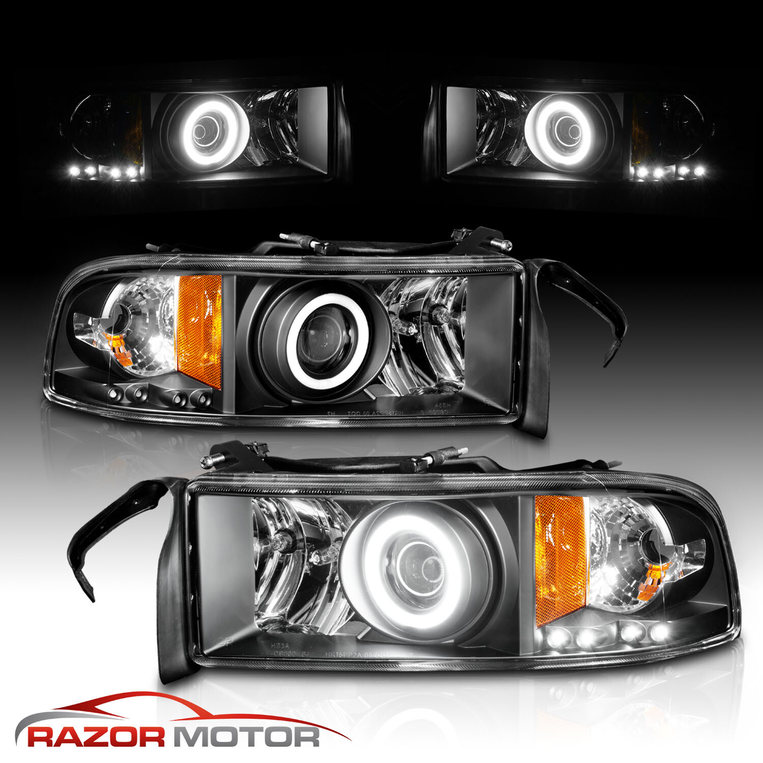 94-01 Fit Ram Black Projector Headlights LED Halo Pair/Hi-Power LED Daytime Lamp