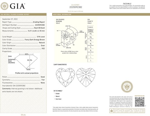 GIA Heart Shape Diamond Fancy Orangy Brown Color Loose 0.94 Carat VS2 Certified - Picture 3 of 8