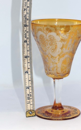 EXCELLENT 19th CENTURY BOHEMIAN WHEEL CUT GOLDEN AMBER FLASHED WINE GLASS - Picture 15 of 19