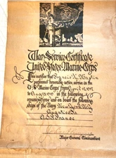 WWI 1917-19 USMC MARINE CORPS SERVICE CERTIFICATE AEF FRANCE JONH LEJEUNE SIGNED
