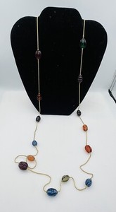 Authentic Anne Klein Couture Vintage Gold Plated Poured Glass Station Chain Necklace 44"