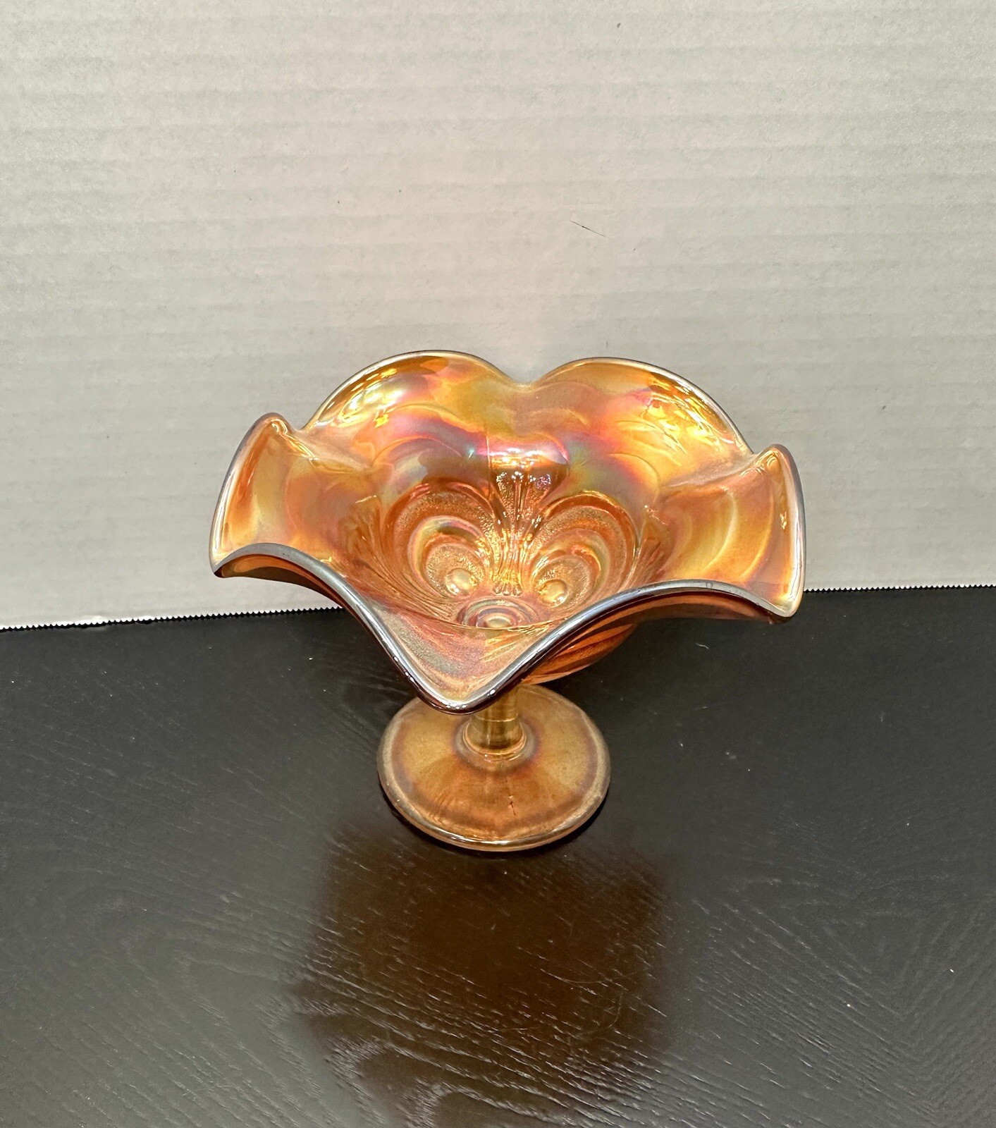 Vintage Marigold Carnival Glass Swirl Pedestal Compote with Smooth Flared Edge