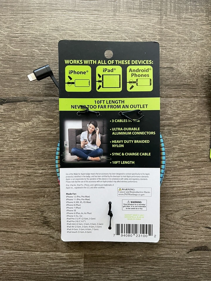 Apple/USBC/Micro 3-in-1 Charge/Sync Cable-Heavy Duty Cable-10 Ft (Pick 1) - Image 3 of 3