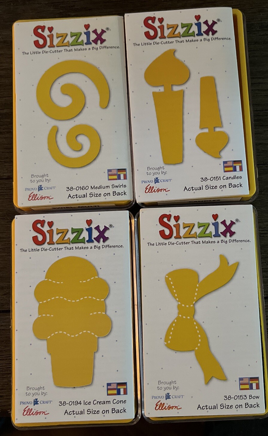Sizzix Medium Dies 4 Designs Swirls, Candles, Ice Cream Cone, Bow eBay