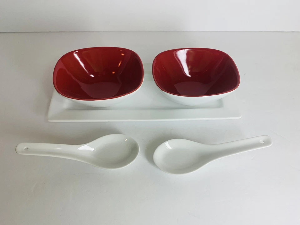 Pier 1 Imports Soup Set Of 2 Bowls Asian Spoons Tasting Party Plate Red White - Image 3 of 4